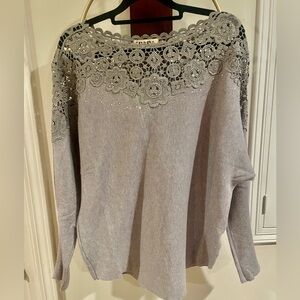 Chic Lace-Trimmed Women's Sweater in Gray